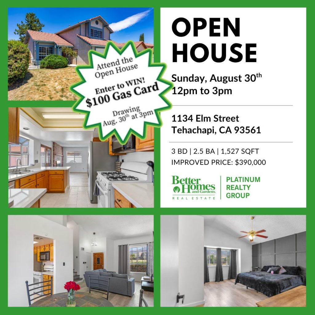 Open House August 30 12 pm to 2pm 1134 Elm St, Tehachapi
