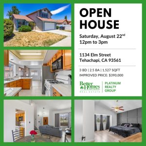 open house, 1134 Elm St, Tehachapi, August 22 12pm to 3pm